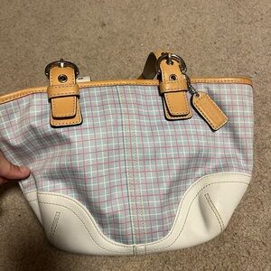 Coach Pink and Blue Shoulder Bag with Plaid Design